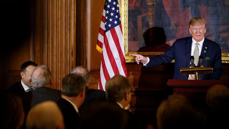 President Donald Trump gestures towards Taoiseach Leo Varadkar, partially obscured, during a Friends of Ireland luncheon on Capitol Hill in Washington. Photograph: Tom Brenner/The New York Times