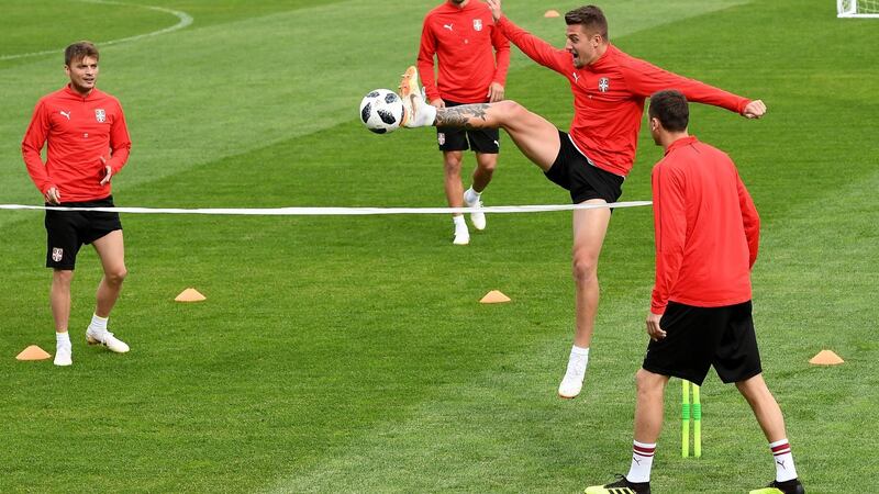 Serbia’s Sergej Milinkovic-Savic trains ahead of his side’s clash with Brazil. Photograph: Atilla Kisbenedek/AFP/Getty