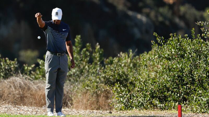 Woods takes a drop on the 13th hole after driving into the hazard. Photo: Gregory Bull/AP Photo