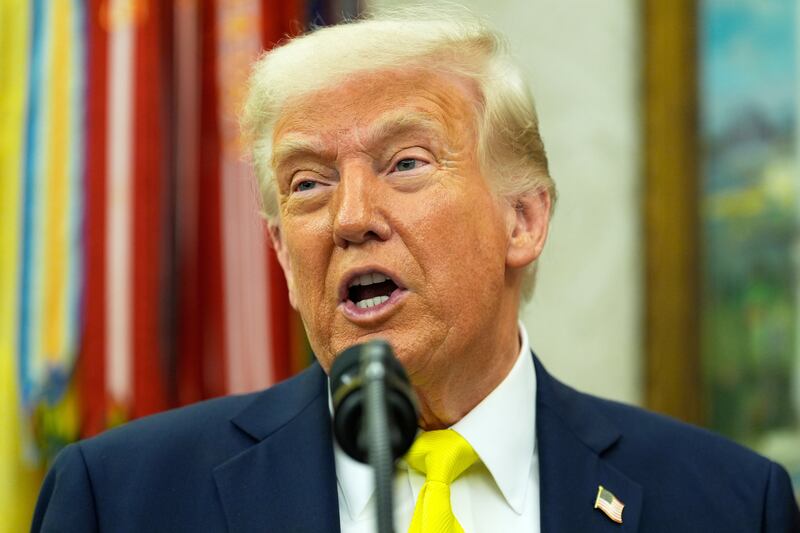 US president Donald Trump speaks to reporters. Photograph: Alex Brandon/AP