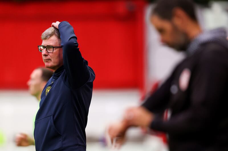 Luck was not with Stephen Kenny as St Pat's slumped to defeat against Derry City. Photograph: Ben Brady/Inpho