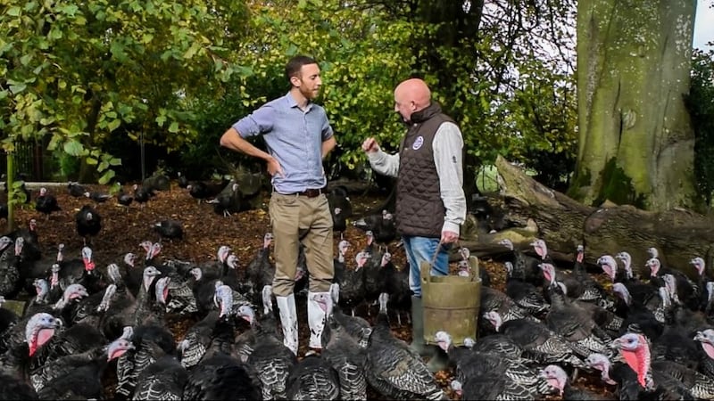 DropChef’s Ryan Scott and turkey farmer Paul Hogan during the recent farm visit to check in on this years flock of woodland bronze turkeys