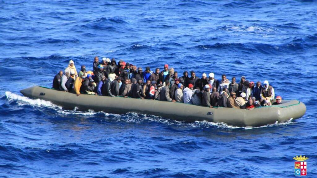 The Italian navy has rescued more than 1,100 migrants from nine large rafts in the waters south of Sicily. Photograph: Marina Militare/Reuters/Handout via Reuters