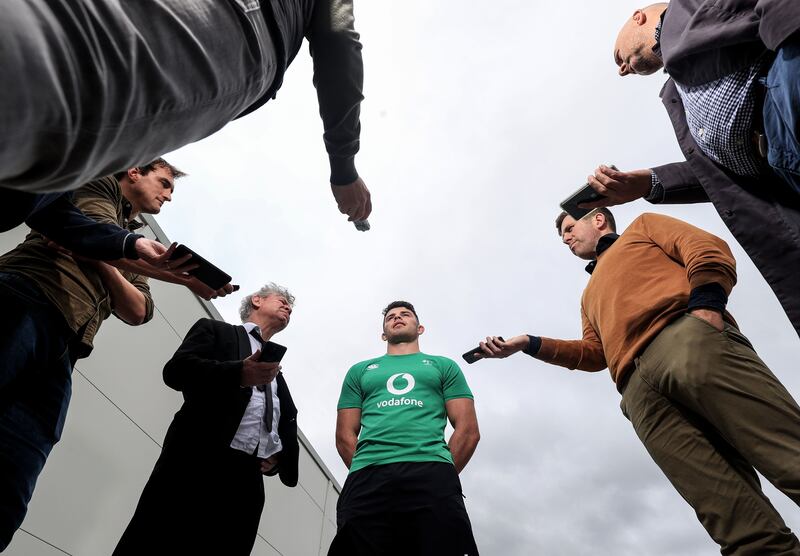 Calvin Nash speaks to the assembled media at the Sport Ireland campus in Blanchardstown. Photograph: Dan Sheridan/Inpho