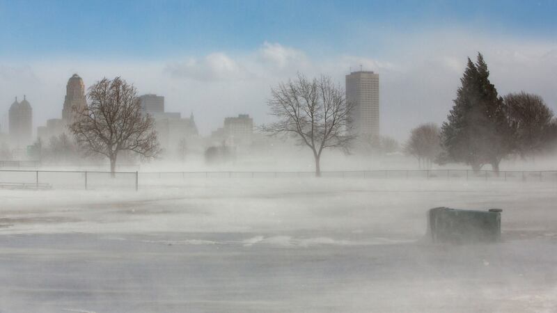 The city skyline is seen in drifting snow during the polar vortex in Buffalo, New York, January 31st, 2019. Photograph: Lindsay DeDario/Reuters