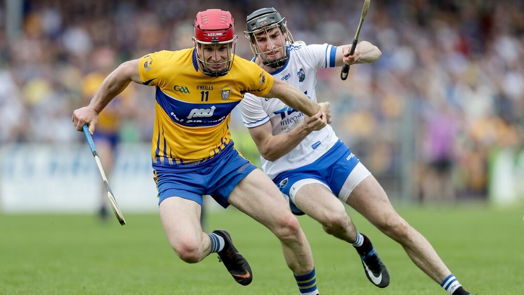 Clare’s John Conlon and Barry Coughlan of Waterford at the Munster GAA Senior Hurling Championship Round 2 in Ennis, Co Clare in May. Photograph: Laszlo Geczo/Inpho