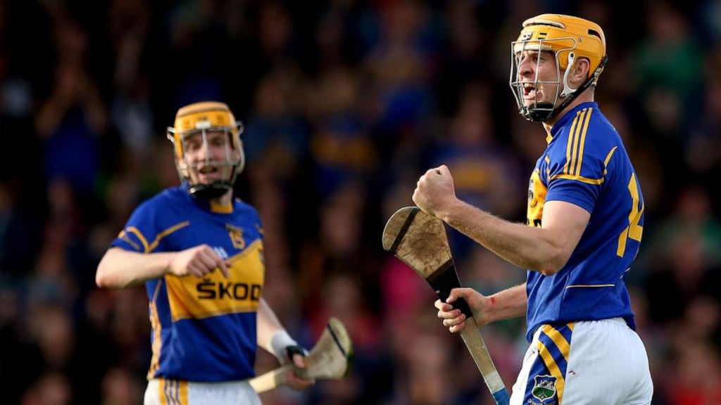 Séamus Callanan celebrates scoring Tipperary’s second goal against Galway at Semple Stadium in the first round of the qualifiers. Photograph: James Crosbie.