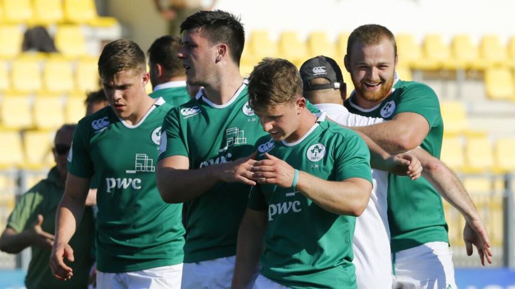 Tomás Quinlan celebrates with team-mates after Ireland defeat Argentina in their Pool C game at the World Under-20 Championships in Parma, Italy, on Tuesday. Photograph: Matteo Ciambelli/Inpho.