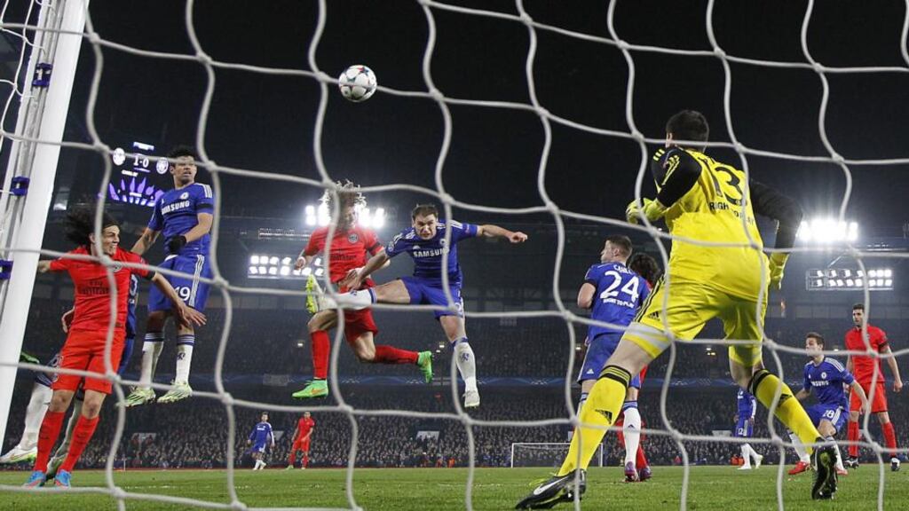 Paris Saint-Germain’s Brazilian defender David Luiz (scores his team’s first goal at Stamford Bridge. Photograph: Getty Images
