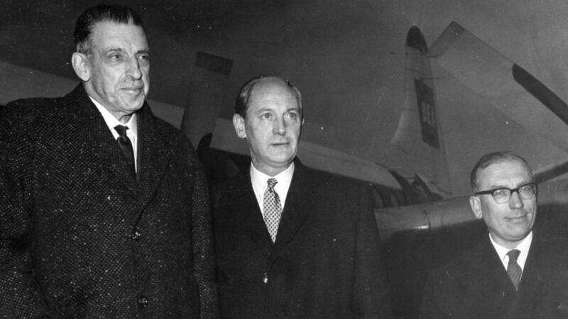 From left, the taoiseach, Sean Lemass, the minister for industry and commerce, Jack Lynch, and TK Whitaker, Secretary of the Department of Finance, in 1964. Photograph: Jimmy McCormack / THE IRISH TIMES .