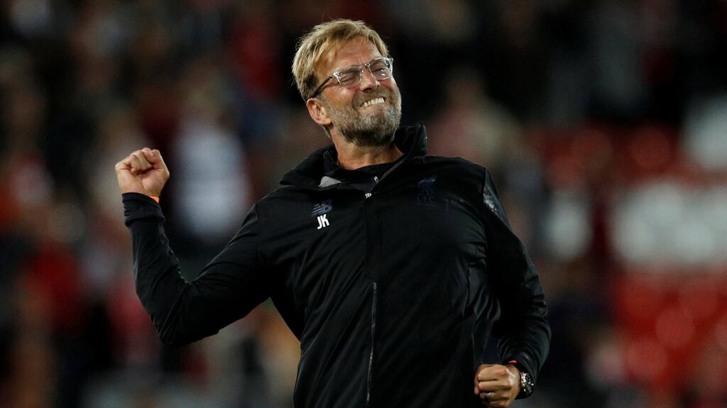 Liverpool manager Jurgen Klopp celebrates after the match at Anfield. Photograph: Reuters