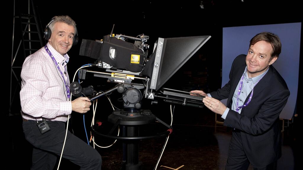 TV3’s Pat Kiely (right) is pictured with Ryanair’s Michael O’Leary at the filming of an ad for the airline in its Ballymount studios in 2014. Photograph: Brian McEvoy