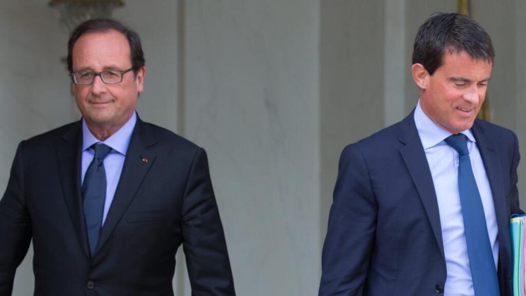 French president Francois Hollande and prime minister Manuel Valls leave the Elysee Palace in Paris following the weekly cabinet meeting five days ago. Photograph: Philippe Wojazer/Reuters