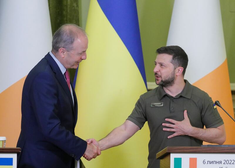 Taoiseach Micheál Martin shakes hands with Ukrainian president Volodymyr Zelenskiy after a joint press conference in Kyiv in July. Photograph: Sergey Dolzhenko/Shutterstock