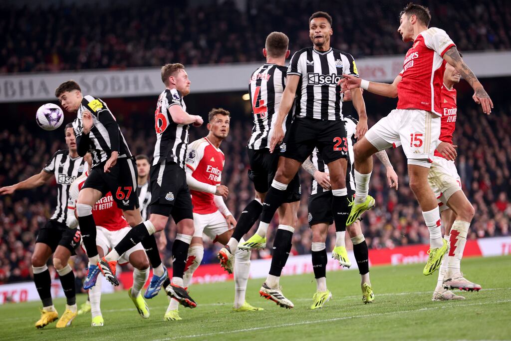 Jakub Kiwior scores Arsenal's fourth goal during the Premier League match against Newcastle United at Emirates Stadium. Photograph: Julian Finney/Getty Images