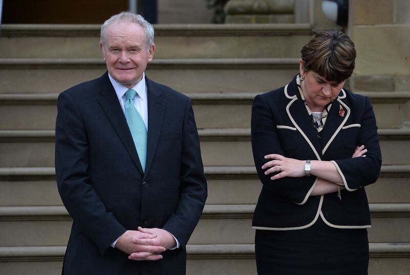 First Minister Arlene Foster and Deputy First minister Martin McGuinness wait to greet the President of the Republic of Colombia, Juan Manuel Santos Caldern at Stormont Castle during a visit to Northern Ireland as part of his State visit to the UK. Photograph: Colm Lenaghan/Pacemaker