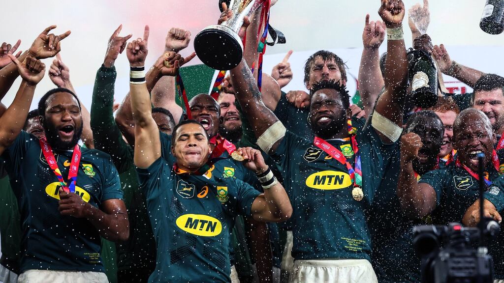 South Africa captain Siya Kolisi lifts the Castle Lager Lions Series trophy after the win over the Lions in Cape Town. Photograph: Billy Stickland/Inpho