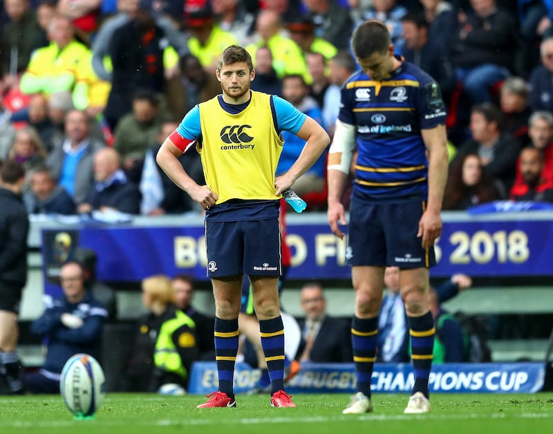 Leinster’s Ross Byrne looks on as Johnny Sexton prepares to kick in the Champions Cup Final against Racing 92 in Bilbao in 2018. Photograph: James Crombie/Inpho