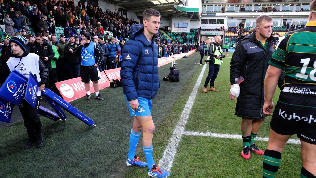 Leinster’s Jonathan Sexton pictured with strapping to his right knee   after the match at Franklin’s Gardens. Photograph: Billy Stickland/Inpho