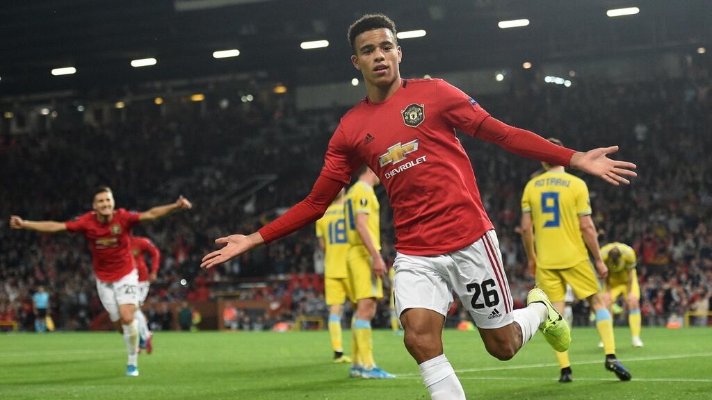 Manchester United striker Mason Greenwood celebrates after scoring Manchester united’s goal in the Europa League Group L match against FC Astana at Old Trafford. Photograph: Oli Scarff/AFP/Getty Images