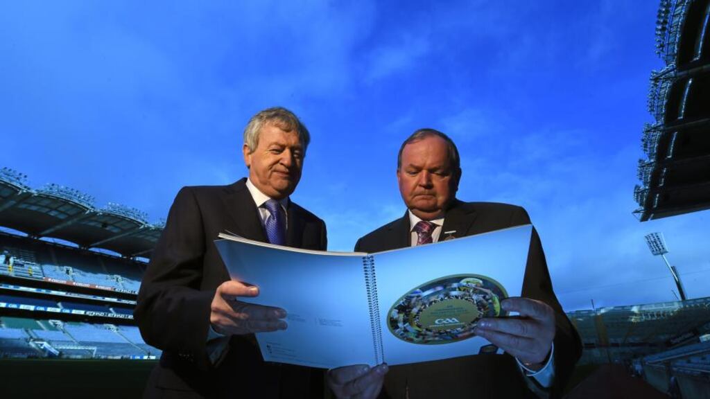 Páraic Duffy with the GAA president Liam O’Neill at the launch of the director general’s annual report at Croke Park. Photo: Paul Mohan/Sportsfile