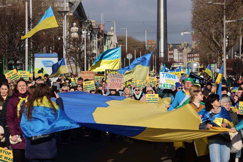 Ukrainian Action in Ireland organised for Ukrainians and supporters to gather at O’Connell Street and walk to Merrion Square, Dublin, to mark the second anniversary of the war in Ukraine. Photograph: Dara Mac Dónaill / The Irish Times