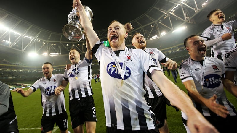 Dundalk’s Chris Shields celebrates winning the FAI Cup final against Cork City earlier this month. Photograph: Tommy Dickson/Inpho