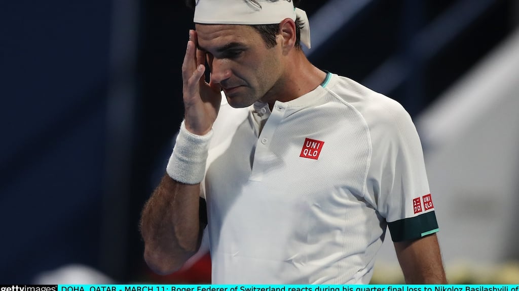Roger Federer  reacts during his quarter-final loss to Nikoloz Basilashvili of Georgia in the Qatar ExxonMobil Open at Khalifa International Tennis and Squash Complex in Doha. Photograph: Mohamed Farag/Getty Images