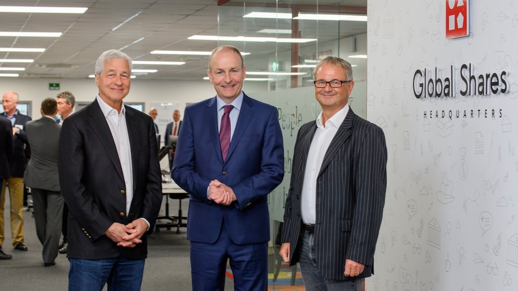 JP Morgan Chase chief executive Jamie Dimon, taoiseach Micheál Martin and Global Shares owner Tim Houston in May 2022. Photograph: Daragh McSweeney/Provision