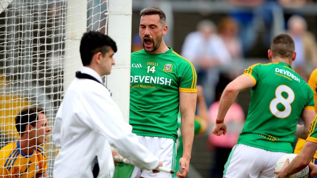 Meath’s Michael Newman celebrates his side’s first goal of the game. Photograph: Ryan Byrne/Inpho