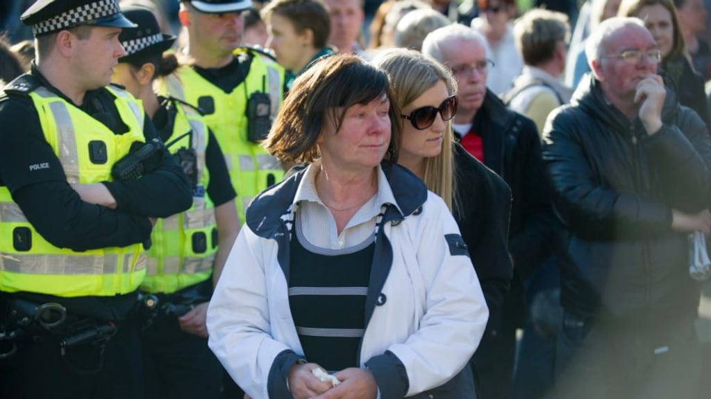Marian Buckley, Karen’s mother, at the vigil for her daughter in George Square, Glasgow. Photograph: Jane Barlow/PA Wire