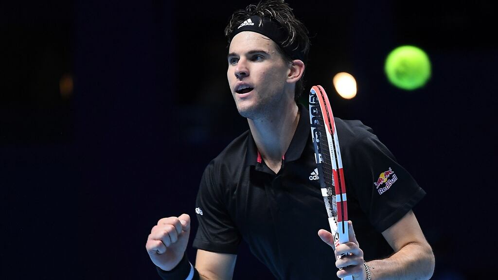 Dominic Thiem celebrates after winning his group stage match against Rafael Nadal at the ATP Finals in London. Photograph: EPA/ANDY RAIN