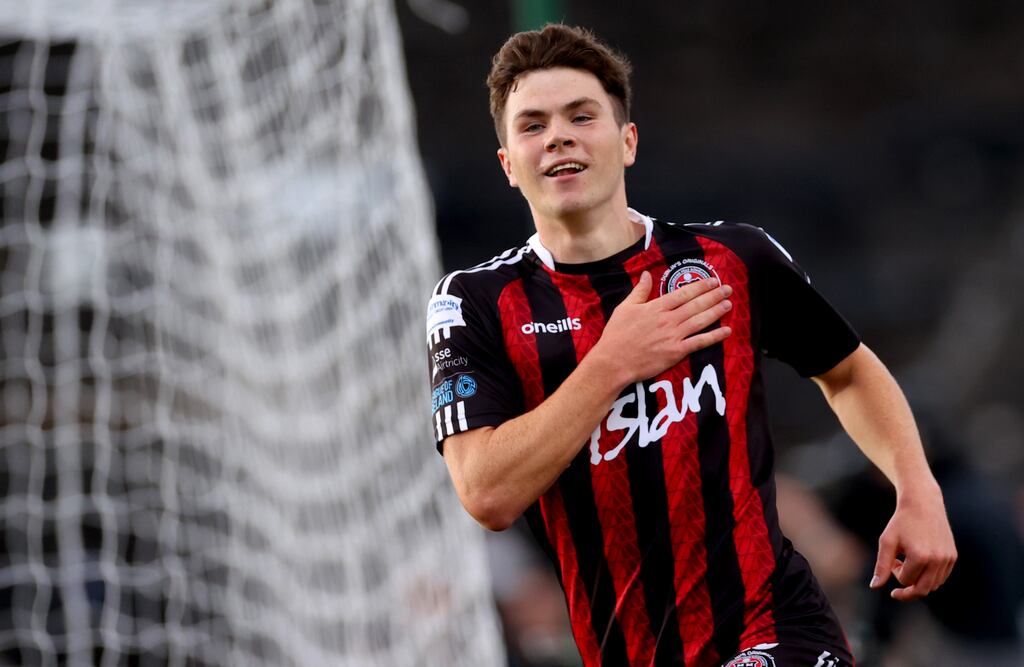 Bohemians’ James Clarke celebrates scoring his side’s second goal. Photograph: James Crombie/Inpho