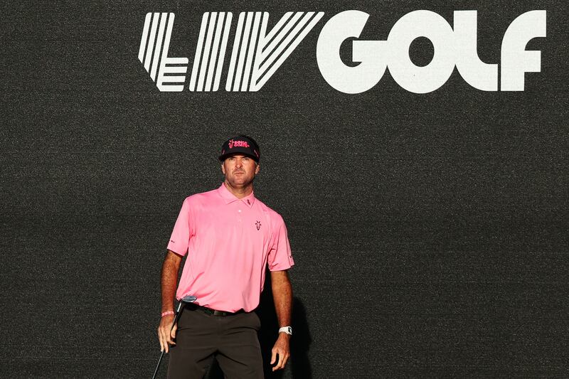 Bubba Watson looks on over the 16th green during a LIV Golf event in Miami. Photograph: Cliff Hawkins/Getty Images