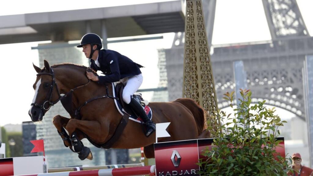 Bertram Allen riding Romanov competes to win the Longines Global Champions Tour Grand Prix de Paris during the Longines Paris Eiffel Jumping tournament on the Champ de Mars in Paris. Photograph: Loic Venance/AFP/Getty Images