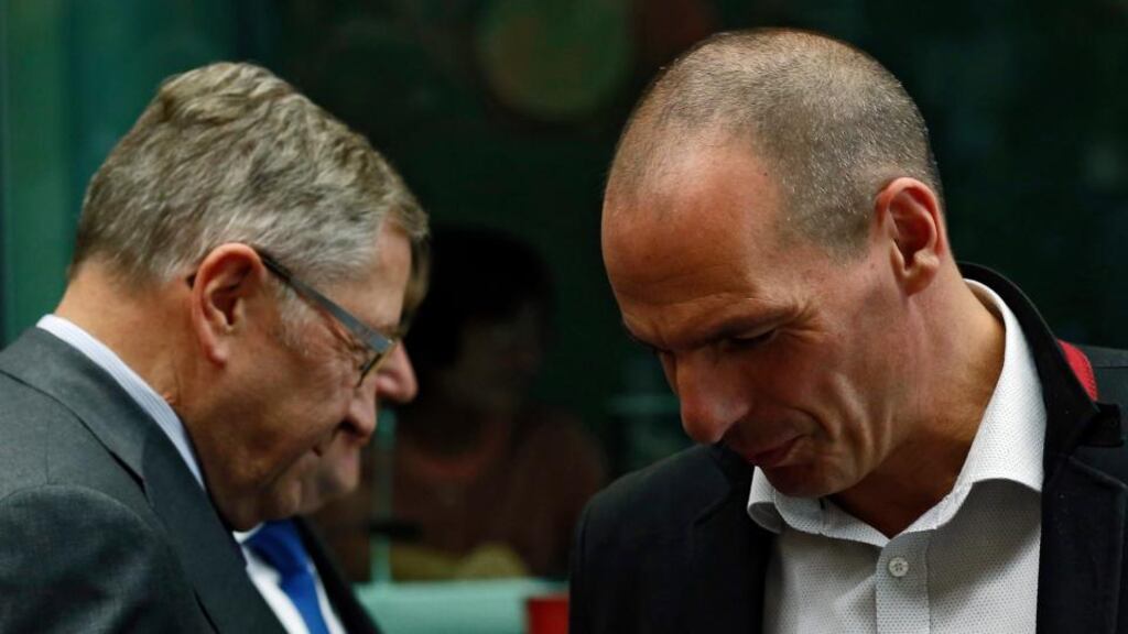 European Stability Mechanism (ESM) managing director Klaus Regling (left) and Greek finance minister Yanis Varoufakis (right) at the start of the Eurogroup meeting at the European Council in Brussels last month. Photograph: Julien Warnand/EPA