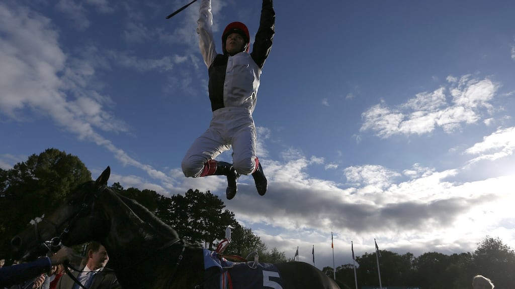 Frankie Dettori riding Golden Horn celebrates winning The Qipco Irish Champion Stakes at Leopardstown. Photograph: Alan Crowhurst/Getty Images