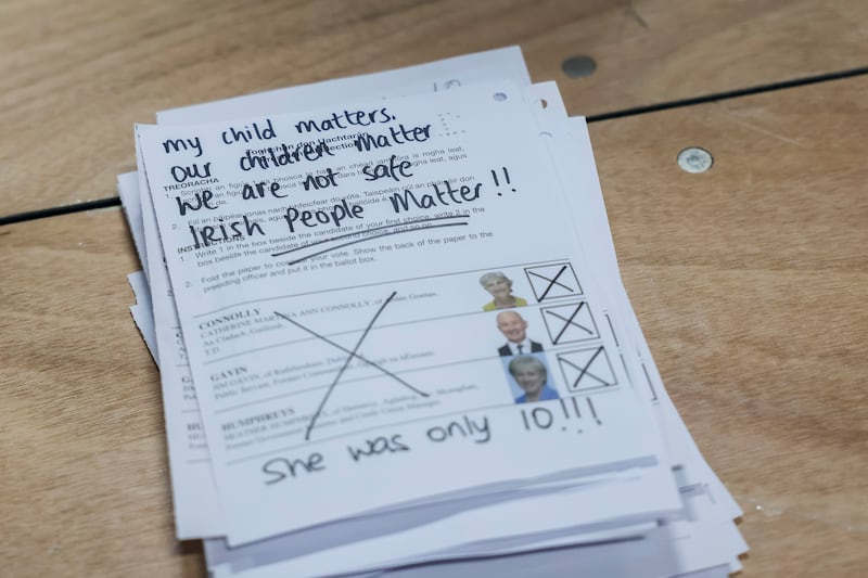 Spoiled votes from the boxes being opened for counting of presidential votes at Dublin's RDS count centre. Photograph: Dan Dennison/ The Irish Times
