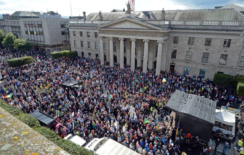 O'Connell Street in Dublin packed with people taking part in an anti-water charges protest, August 2015. Photograph: Eric Luke