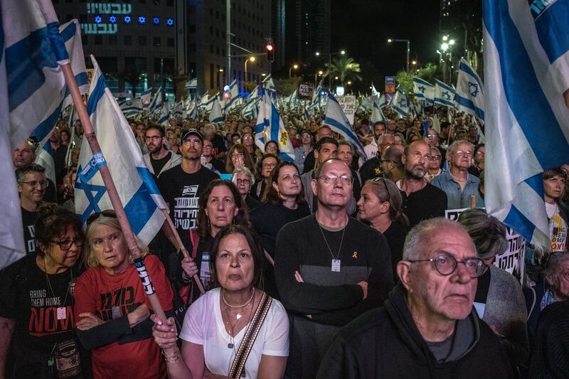 People protesting in Tel Aviv last month against Israeli prime minister Binyamin Netanyahu's government and calling for the release of hostages held in Gaza by Hamas. Photograph: Sergey Ponomarev/New York Times