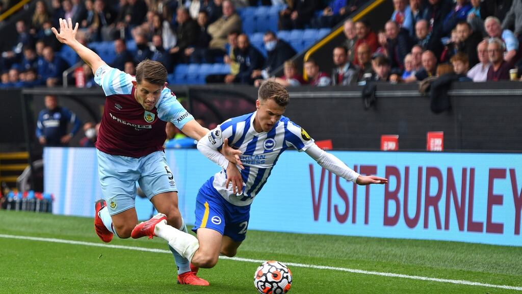 Goalscorer James Tarkowski of Burnley (left) collides with Brighton and Hove Albion’s Solly March last weekend. Photograph: Anthony Devlin/PA Wire
