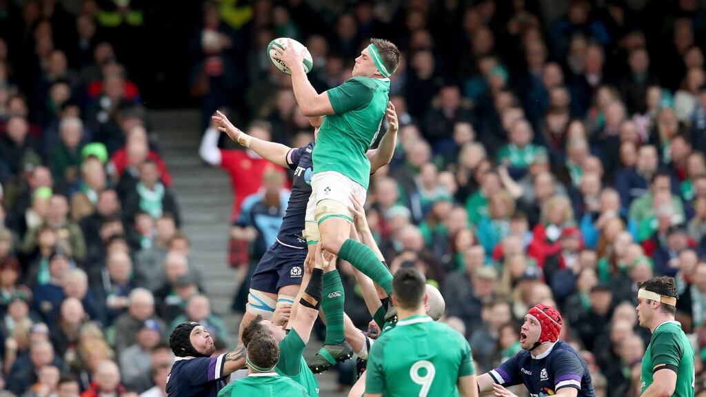 CJ Stander claims a lineout ball against Scotland at the Aviva Stadium. Photograph: Bryan Keane/Inpho