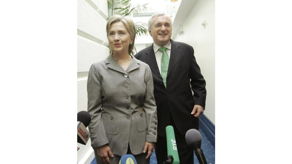Taoiseach Bertie Ahern and Senator Hillary Clinton after their
meeting on Capitol Hill in Washington yesterday.