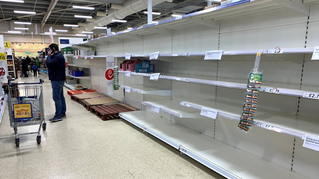 An empty toilet roll aisle in a Tesco supermarket in Manchester, Britain. Photograph: REUTERS/Phil Noble