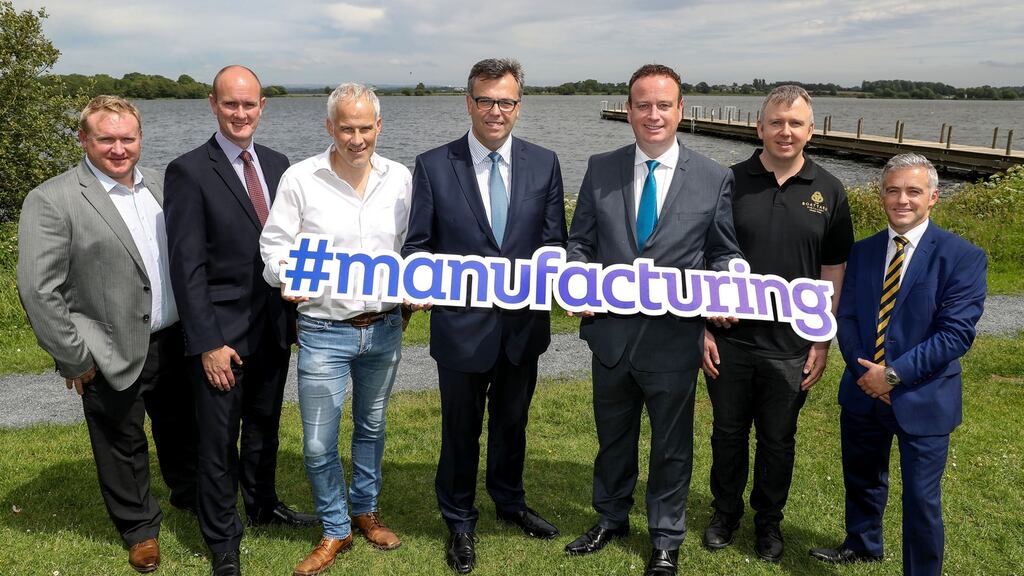 (Centre) Alastair Hamilton of Invest NI and Stephen Kelly of Manufacturing NI with (from left) David Nicholl of NC Engineering, Armagh; Alan Stewart of Marcon Fit-Out, Antrim; Dave Smith of Principal Cooling, Tyrone; Joe McGirr of The Boatyard Distillery, Fermanagh; and Ross Armstrong of Armstrong Medical, Co Derry