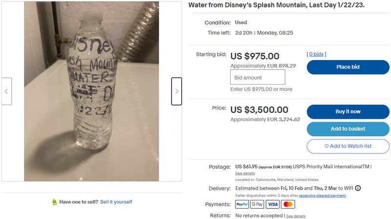 Splash Mountain: an eBay listing for a $3,500 bottle of water purportedly from the final day of the ride at Walt Disney World in Florida