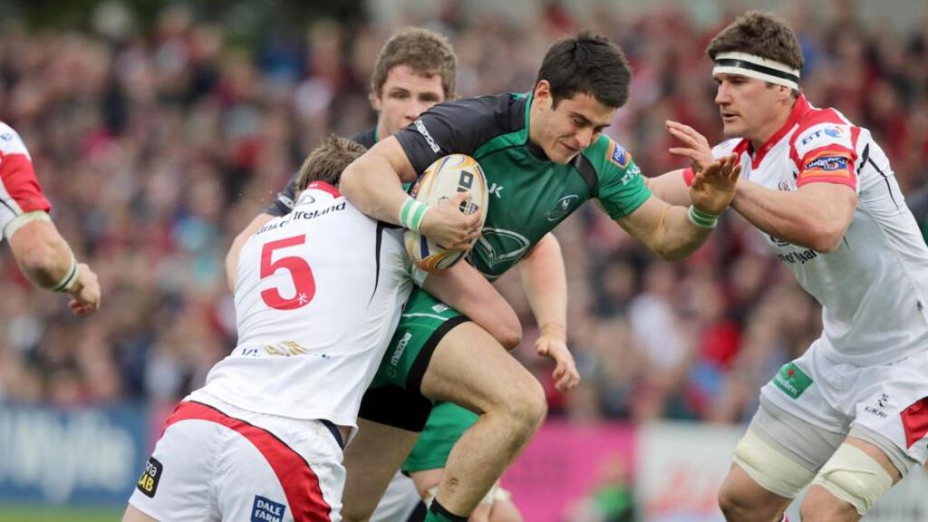 Tiernan O’Halloran of Connacht (green) is set to undergo knee surgery. Photograph: Morgan Treacy / Inpho