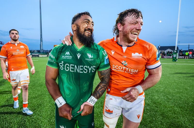 Connahct’s Bundee Aki and Hamish Watson of Edinburgh after the game. Photograph: James Crombie/Inpho