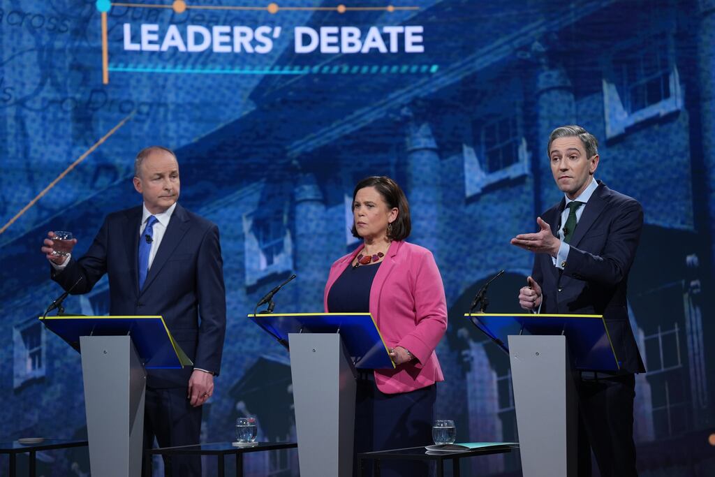 Fianna Fáil leader Micheál Martin, Sinn Féin leader Mary Lou McDonald and Fine Gael leader Simon Harris during the TV leaders' debate at RTÉ studios. Photograph: Niall Carson/PA