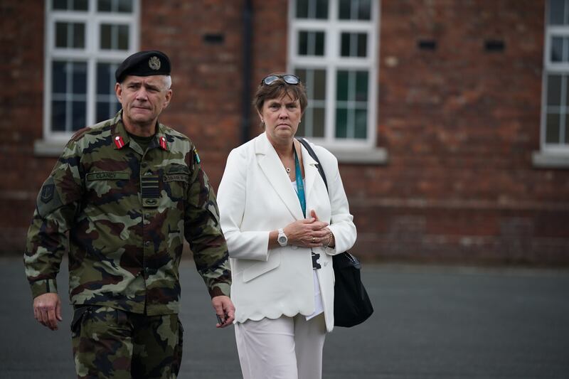 Jacqui McCrum, secretary general of the Department of Defence, at the Curragh Camp, in 2023 with the then Chief of Staff of the Irish Defence Forces, Lt Gen Sean Clancy. Photograph: Niall Carson/PA
